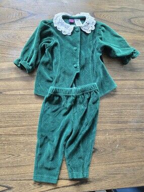 Vintage Green Velvet Outfit Lace Collar 12 Month